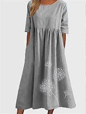 economico abiti stampati in cotone e lino-Per donna Verde militare Nero Rosa Estate Primavera Autunno Abito maxi Abiti in cotone e lino Vestito Casual Abito a tunica Essenziale Casual Maturo All&#039;aperto Vacanza Quotidiano Vestibilità comoda