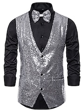 economico Costumi da Palco-Gilet classico da uomo in paillettes vestibilità su misura scollo a V monopetto a tre bottoni argento nero borgogna