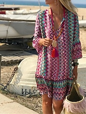 preiswerte Ausgefallene Kleider-Damen Midikleid Langärmliges Boho-Kleid Boho-Kleid Strandkleid Böhmen Modern Brautkleider schlicht Trompetenärmel Outdoor Urlaub Täglich Lockere Passform Farbblock Langarm V Ausschnitt Rosa Sommer