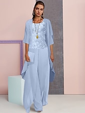 tanie Garnitury dla mamy-Suknia ślubna na plaży Jumpsuit  Garnitur 3 Elementy matki panny młodej Formalny Gość Weselny Elegancka Duża Okrągły Dekolt Długość Podłogi Chiffon Koronka Bez Rękawów z Aplikacjami 2025 darmowy