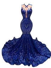 preiswerte SCHWARZ-Schwarzes Meerjungfrau Abendkleid Pailletten Elegantes Kleid Karneval Formal Gericht Zug Ärmellos Illusionshals Afroamerikanisches Maskenkleid