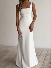 economico Piccole vestiti bianchi-Abito da Matrimonio da Spiaggia Semplice Casual Abito da Sposa Svasato Collo Quadrato Senza Maniche Lunghezza Piena in Tessuto Elasticizzato Abiti da Sposa con Seta  Raso