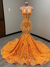preiswerte SCHWARZ-Schwarzes Meerjungfrau Abendkleid Pailletten Elegantes Kleid Karneval Formal Gericht Zug Ärmellos Illusionshals Afroamerikanisches Maskenkleid