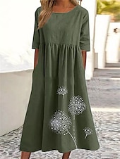 economico abiti stampati in cotone e lino-Per donna Verde militare Nero Rosa Estate Primavera Autunno Abito maxi Abiti in cotone e lino Vestito Casual Abito a tunica Essenziale Casual Maturo All&#039;aperto Vacanza Quotidiano Vestibilità comoda
