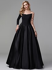 olcso Estélyi ruhák-báli ruha fekete ruha vintage quinceanera formális estélyi földig érő hosszú ujjú vállról szatén flitterrel 2024
