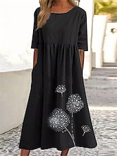 economico abiti stampati in cotone e lino-Per donna Verde militare Nero Rosa Estate Primavera Autunno Abito maxi Abiti in cotone e lino Vestito Casual Abito a tunica Essenziale Casual Maturo All&#039;aperto Vacanza Quotidiano Vestibilità comoda