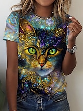 abordables T-shirt Animaux-t-shirt basique à manches courtes pour femme, imprimé chat, haut régulier, col rond, quotidien, week-end, jaune
