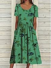 billiga Blommig klänning-Kvinnors Midiklänning Casual Klänning Blommönster Rynkad Print Crew Hals Grundläggande Casual Dagssemester Kort Ärmar Sommar Vår