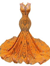 preiswerte SCHWARZ-Schwarzes Meerjungfrau Abendkleid Pailletten Elegantes Kleid Karneval Formal Gericht Zug Ärmellos Illusionshals Afroamerikanisches Maskenkleid