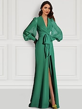 abordables VERT-Robe de mariée de plage sirène robe de bal élégante invitée de mariage traîne balayage  brosse manches longues col en V automne invitée de mariage chiffon avec fente bretelles 2025