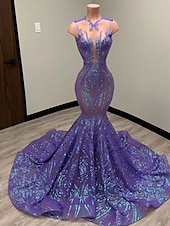preiswerte SCHWARZ-Schwarzes Meerjungfrau Abendkleid Pailletten Elegantes Kleid Karneval Formal Gericht Zug Ärmellos Illusionshals Afroamerikanisches Maskenkleid