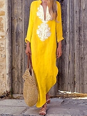 economico disegnare abiti in cotone e lino-Per donna Abito casual Vestito maxi Stampa Essenziale Informale Giornaliero Da mare A V Manica lunga Estate Primavera Autunno Giallo Azzurro cielo Fiore decorativo