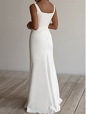 economico Piccole vestiti bianchi-Abito da Matrimonio da Spiaggia Semplice Casual Abito da Sposa Svasato Collo Quadrato Senza Maniche Lunghezza Piena in Tessuto Elasticizzato Abiti da Sposa con Seta  Raso
