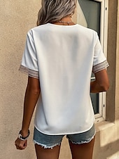 preiswerte Spitzenoberteile-Damen Weiße Elegante Spitzen Tops Loch Bluse T-Shirt Burgunder Tee Schlichte Reguläre Tops Kurze Ärmel V-Ausschnitt Reguläre Passform Täglich Wochenende Romantische Petite Tops Sommer Urlaub Trag