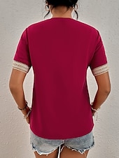 preiswerte Spitzenoberteile-Damen Weiße Elegante Spitzen Tops Loch Bluse T-Shirt Burgunder Tee Schlichte Reguläre Tops Kurze Ärmel V-Ausschnitt Reguläre Passform Täglich Wochenende Romantische Petite Tops Sommer Urlaub Trag