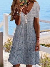 preiswerte Boho Kleider-Damen Minikleid Casual kleid Ethnisches Kleid Etuikleid Minikleid Urlaub Modisch Klassisch Urlaub Geburtstag Casual Regular Fit Blumen Paisley-Muster Kurzarm V Ausschnitt Tiefes V Rote Staubiges Blau