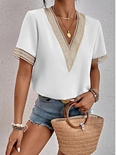 preiswerte Spitzenoberteile-Damen Weiße Elegante Spitzen Tops Loch Bluse T-Shirt Burgunder Tee Schlichte Reguläre Tops Kurze Ärmel V-Ausschnitt Reguläre Passform Täglich Wochenende Romantische Petite Tops Sommer Urlaub Trag