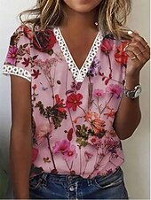 baratos Camiseta floral-Mulheres Camiseta Floral Geométrica Branco Rosa Azul Renda Imprimir Manga Curta Casual Diário Básico Decote V Normal
