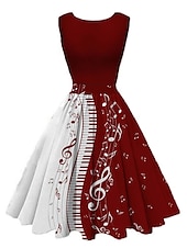 cheap Cocktail Dress-Women&#039;s Retro 1950s Vintage Tea Dresses Midi Dress Daily Holiday Ruched Print Note Crew Neck Sleeveless Slim Summer Spring 2023 Black Wine S M L XL