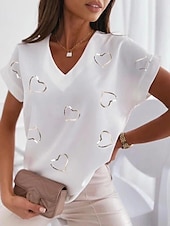 billige Kunst &amp; Design t-skjorte-dame t-skjorte bluse basic hjertetrykk dolman sleeve kortermet vanlige topper v-hals casual hvit rosa blå