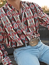 billiga västernskjortor för män-Herr Grafiska tryck Årgång Geometri Skjorta Västerländsk skjorta Cowboyskjorta Långärmad Mode Streetwear Designer Utomhus Dagligen Höst vinter Nedvikt Mönster Button-Down Rubinrött Blå Orange Grön