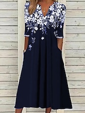 billiga Blommig klänning-Kvinnors Midi Klänning Tunika Klänning Blommig Ficka V-Hals Midi Klänning Elegant Stilig Daglig Halv Ärm Sommar Vår
