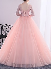 abordables Robes Longues &amp; Gowns-Robe de Bal Longueur Plancher Robes de Promo Princesse Bouffante Manches Longues Col en V Performance Quinceanera avec Cristaux Appliqués