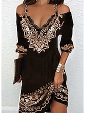 abordables Robes Bohémiennes-robe décontractée pour femmes robe ethnique mini robe noir manches 3/4 couleur pure impression été printemps automne col en v élégant 2023 s m l xl xxl 3xl