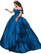 halpa punainen-Pallomekko Ilta-asu Ylellinen Mekko Ystävänpäivä Quinceanera Kappeli Juna Lyhythihainen Off-shoulder Satiini Applikaatioilla