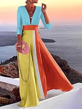 economico Abiti da vacanza-abito casual da donna color block patchwork scollo a V maxi abito lungo casual quotidiano manica 3/4 estate primavera