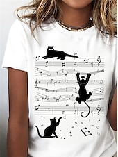 cheap Animals tee-Women&#039;s T Shirt Basic Cat Print Short Sleeve Regular Tops Round Neck Daily Weekend White
