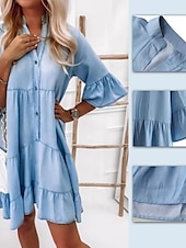 abordables Robes en jean-Robe en jean Robe casual Femme Robe mi-longue Jean Décontractées Extérieur du quotidien Vacances Col de Chemise Bouton Demi Manches Eté Printemps 2023 Ample Bleu clair Couleur monochrome S M L XL XXL