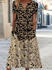 billige Blomsterkjole-Dame Midi Kjole Shift Kjole Blomster Lomme Print V-hals Ferie Korte Ermer Sommer Vår