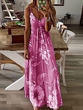 billiga Blommiga klänningar-Kvinnors Maxi Klänning Sommarklänning A-linje Klänning Blomklänning Mode Modern Avslappnad Semester Avslappnat Daglig Regulär Passform Blomma Ärmfritt V-ringad Rosa Blå Lila Fuchsia Sommar Vår