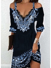 abordables Robes Bohémiennes-robe décontractée pour femmes robe ethnique mini robe noir manches 3/4 couleur pure impression été printemps automne col en v élégant 2023 s m l xl xxl 3xl