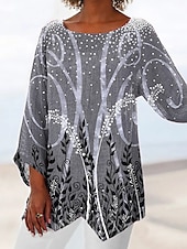 abordables Hauts Floraux-Blouse femme chiffon basique quotidienne à feuilles imprimé manches longues hauts longs col rond décontracté vacances bleu vert gris automne  hiver