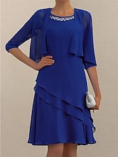 preiswerte abendkleider-Damen Kleid-Set Arbeitskleidung Kleid für Hochzeitsgäste Chiffonkleid Elegant Mode Einfach Rüsche Patchwork Minikleid Halbarm Rundhalsausschnitt Büro Hochzeitsgast Blau Sommer Frühling Normale