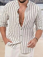 economico Camicie di lino-Per uomo Maglietta informale Camicia estiva Camicia da spiaggia Bianco Rosa Blu Manica lunga A strisce Colletto Primavera estate Hawaiano Per eventi Abbigliamento Stampa