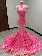 preiswerte SCHWARZ-Schwarzes Meerjungfrau Abendkleid Pailletten Elegantes Kleid Karneval Formal Gericht Zug Ärmellos Illusionshals Afroamerikanisches Maskenkleid