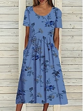 billiga Blommig klänning-Kvinnors Midiklänning Casual Klänning Blommönster Rynkad Print Crew Hals Grundläggande Casual Dagssemester Kort Ärmar Sommar Vår