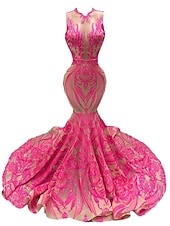 preiswerte SCHWARZ-Schwarzes Meerjungfrau Abendkleid Pailletten Elegantes Kleid Karneval Formal Gericht Zug Ärmellos Illusionshals Afroamerikanisches Maskenkleid