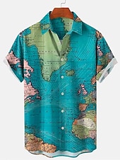 halpa Vintage paita-Miesten Kartta Vintage Paita Button Up paita Lyhythihainen Vintage Muoti Katutyyli Katu Kausaliteetti Päivittäin Kesä Kevät Sänkyjen avaus Painettu Keltainen Sininen Harmaa Vaalean sininen