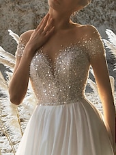 cheap Casual Wedding Dresses-Beach Wedding Beach Formal Wedding Dresses A-Line Off Shoulder Short Sleeve Court Train Chiffon Bridal Gowns With Pleats Beading 2025