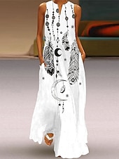 ieftine Rochie Artă și Design-Rochie maxi pentru femei Rochie casual Rochie imprimată Casual Înafară Vacanță Holiday Ajustare regulară Pene Fără mâneci Gât în V Alb Albastru Albastru închis Bej Vară Primăvară