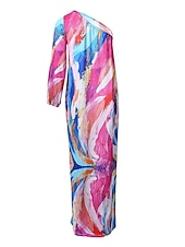 tanie Sukienki kwiatowe na co dzień-Damskie Długa sukienka sukienka maxi Codzienne sukienki Sukienka z nadrukiem Kwiaty Geometryczny Moda Moda miejska Na zewnątrz Święto Wyjściowe Nadruk Długi rękaw Na jedno ramię Sukienka Szczupła