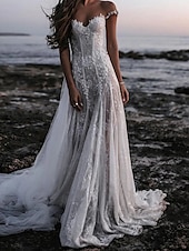 baratos vestidos de casamento casuais-Vestidos de Noiva Boho com Costas Abertas Praia A-Line Off Shoulder Manga Curta Cauda de Corte Renda Vestidos de Noiva com Apliques Cor Sólida 2025