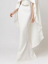 abordables BLANC-Robe de soirée sirène robe élégante invitée de mariage formelle longueur de sol sans manches col bijou capes chiffon extensible avec appliqués
