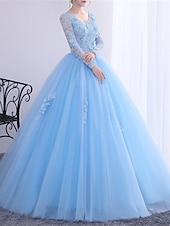 abordables Robes Longues &amp; Gowns-Robe de Bal Longueur Plancher Robes de Promo Princesse Bouffante Manches Longues Col en V Performance Quinceanera avec Cristaux Appliqués