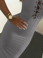 baratos Vestido Simples-Mulheres Vestido midi Vestido de festa Tubinho Vestido Semi Formal vestido sexy Moda Festa Bandagem Para Noite Vestido de verão Delgado Cor imaculada Sem Manga Halter pescoço Cinzento Verão Primavera