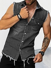 cheap Men&#039;s Button Up Shirts-Men&#039;s Summer Shirt Button Up Shirt Denim Shirt Black Blue Sleeveless Plain Turndown Vacation Daily Denim Clothing Apparel Polyester Fashion Casual Comfortable